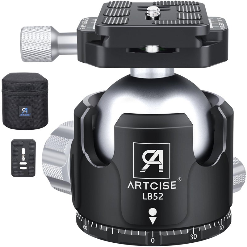 ARTCISE Low Profile Ball Head Tripod Mount Ball Head 52mm Diameter ARTCISE LB52 All Metal CNC Machining with Two 1/4" Quick Release Plates for Tripod, Monopod, DSLR, Camcorderï¼ŒMax Load 66lbs /30kg - Image 1